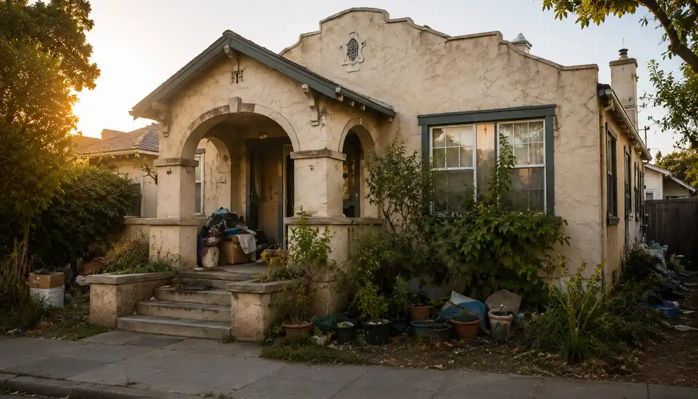 Older Oakland CA hoarder house with cluttered yard and overgrown landscaping before selling as-is for cash