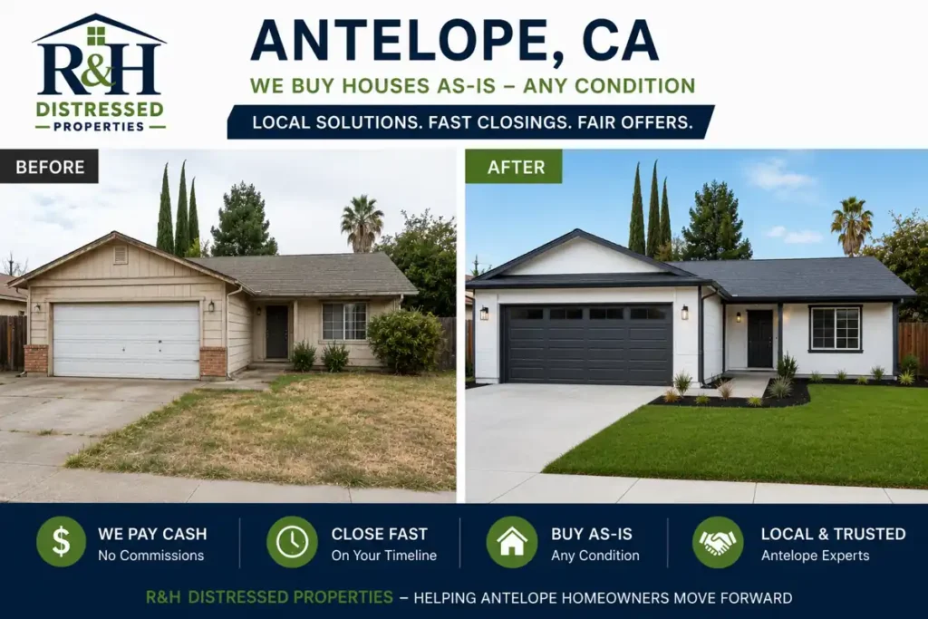 Sell my house fast Antelope CA. Before and after house transformation in Antelope CA showing a dated property renovated after selling to R&H Distressed Properties, local we buy houses experts helping homeowners.