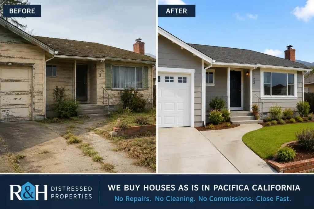 Before and after image of a dated Pacifica California house renovated after being sold as is to a local cash home buyer in Pacifica CA