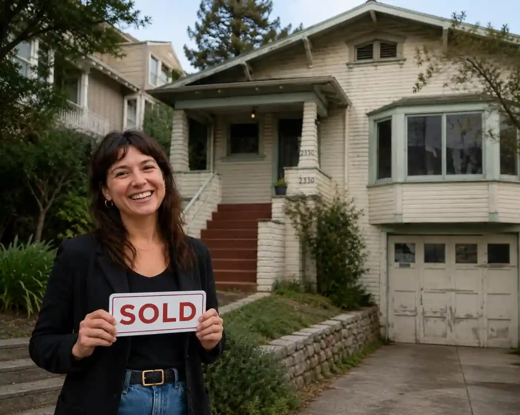 Happy Berkeley CA homeowner holding sold sign after selling dated house fast for cash to local we buy houses company