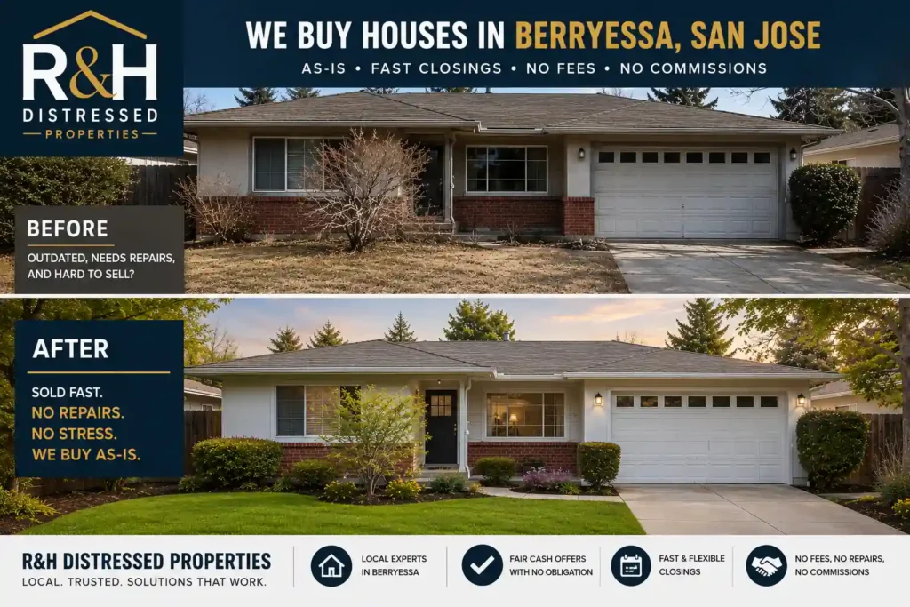 Before and after house transformation in Berryessa San Jose California showing how R&H Distressed Properties helps homeowners sell houses fast as-is without repairs or commissions