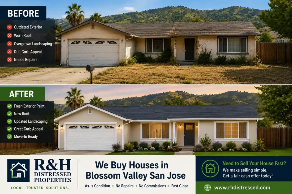 sell my house fast Blossom Valley San Jose before and after home renovation by R&H Distressed Properties showing cash home buyer transformation of an original condition property in South San Jose