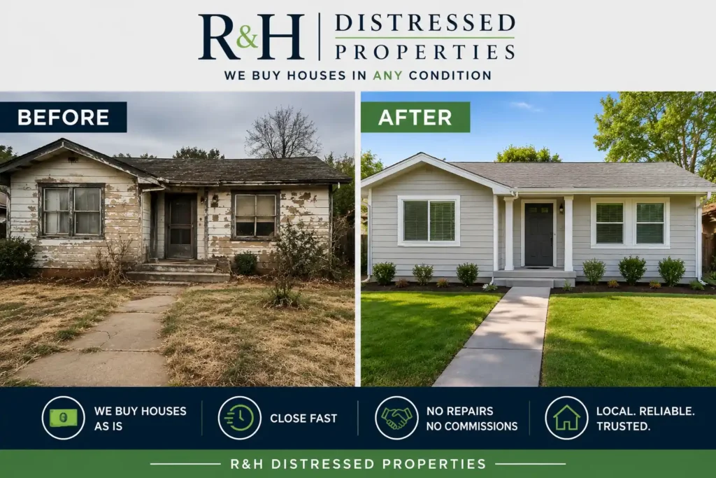 Before and after house renovation in Brookside, Stockton by R&H Distressed Properties showing a distressed home transformed after a fast cash home sale and renovation process