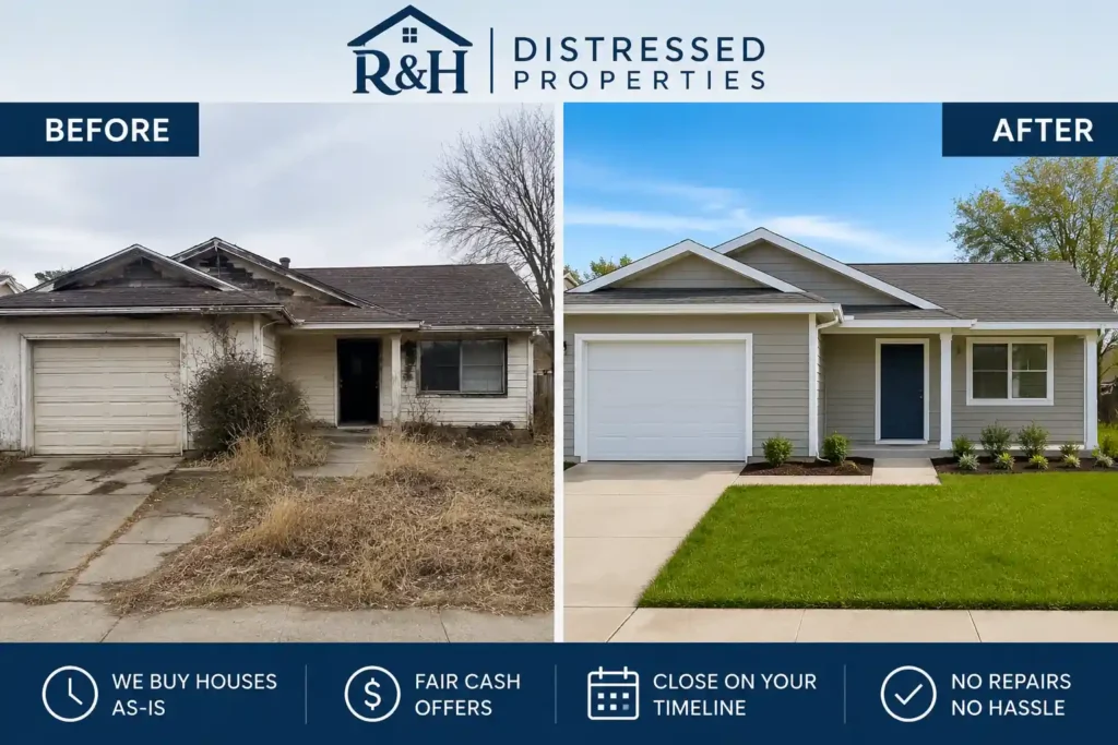Before and after home renovation image for a house sold as is to cash home buyers in the Country Club neighborhood of Stockton California through R&H Distressed Properties