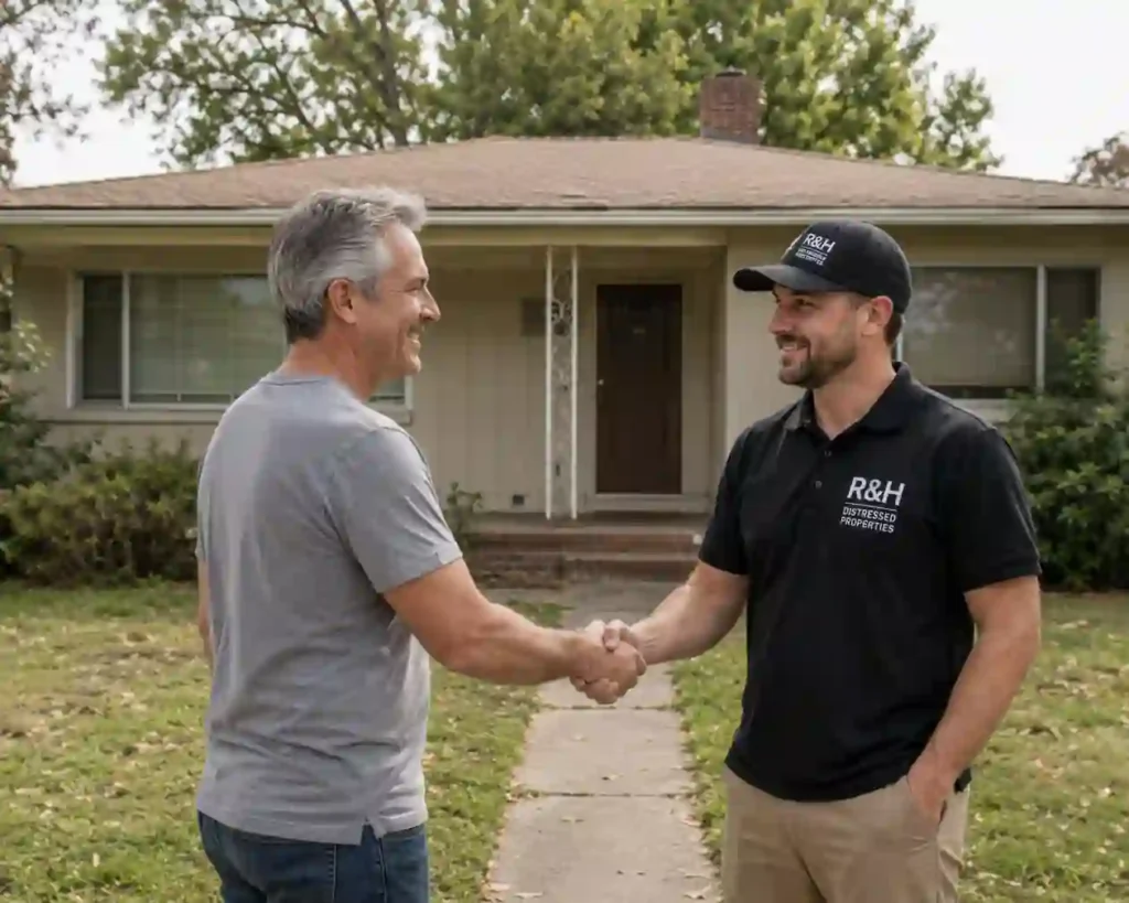 we buy houses in East Sacramento CA homeowner shaking hands with R&H Distressed Properties outside a 1960s fixer upper house
