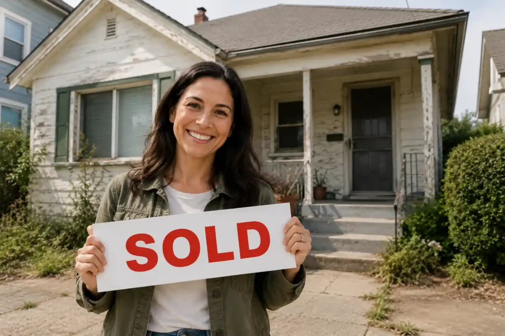 happy Emeryville California home seller holding sold sign after selling dated house for cash to local we buy houses company