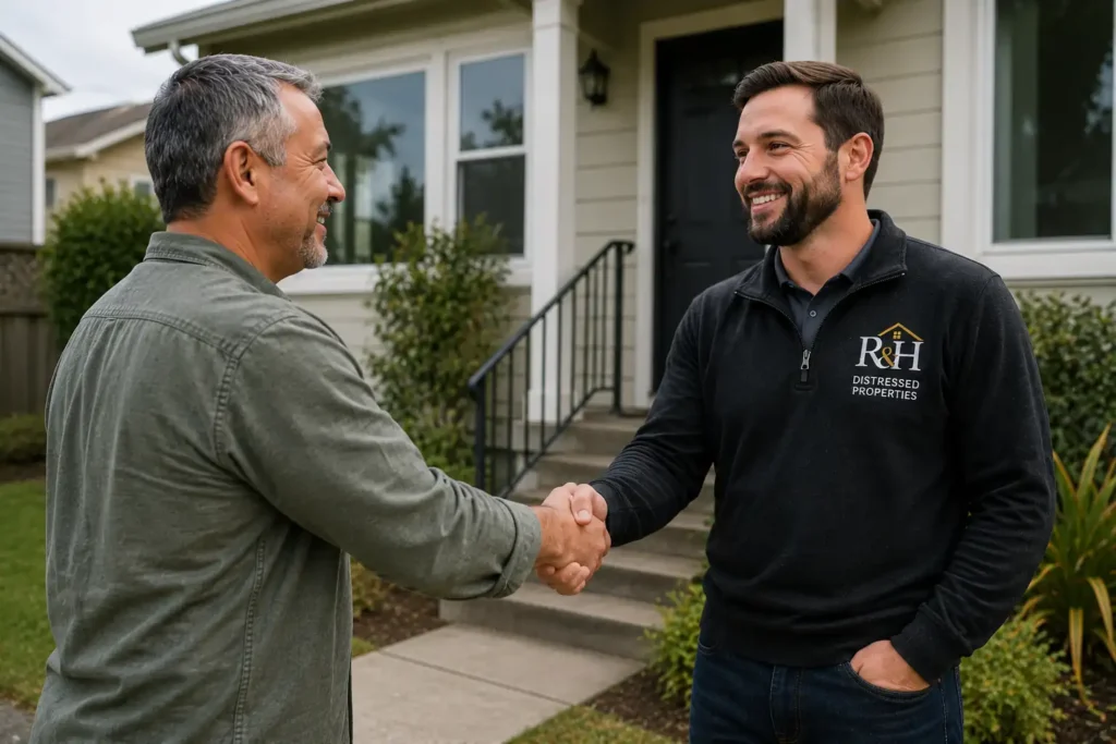 local cash home buyer from R&H Distressed Properties shaking hands with older Emeryville California homeowner after selling house fast for cash