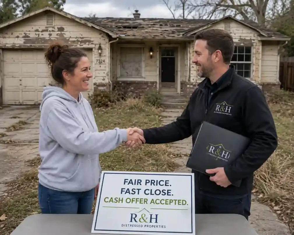 we buy houses Fair Oaks CA cash home buyer shaking hands with happy home seller in front of a dated house after agreeing to a fair cash offer with R&H Distressed Properties