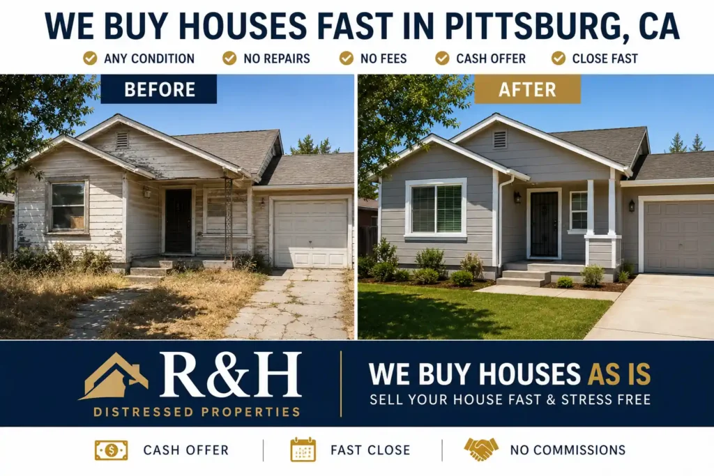 Professional before and after image of the same Pittsburg California house in distressed and renovated condition with R&H Distressed Properties branding for we buy houses fast services