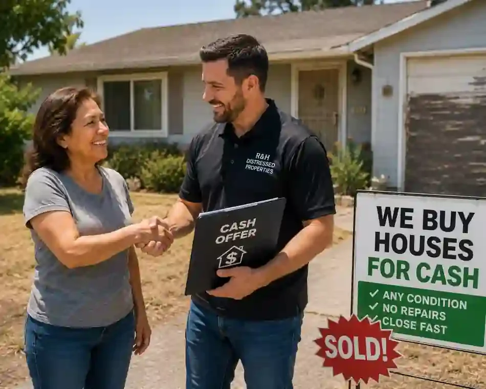 Happy Fairfield CA homeowner shaking hands with local cash home buyer outside a dated house after accepting a fair we buy houses for cash offer without repairs or agent fees