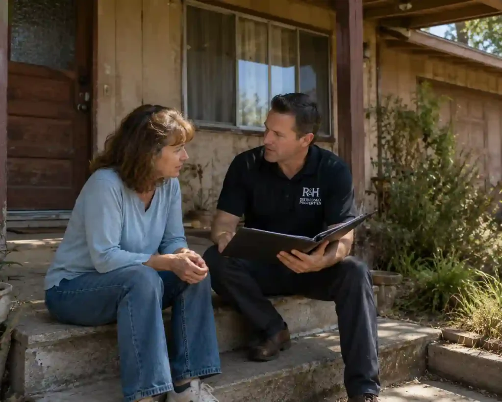 Local cash home buyers from R&H Distressed Properties discussing a fair cash offer with a homeowner outside a dated fixer upper house