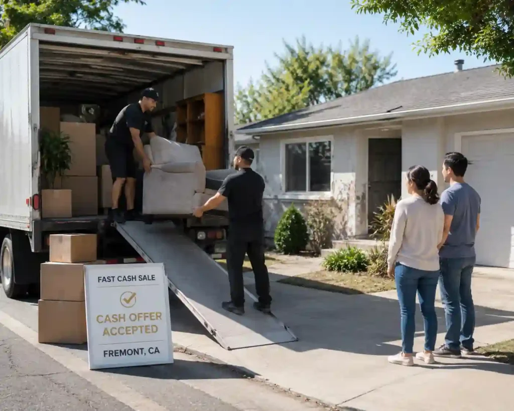 Moving truck being loaded after homeowners accepted a we buy houses for cash offer on a fixer upper home in Fremont CA following a fast cash sale.