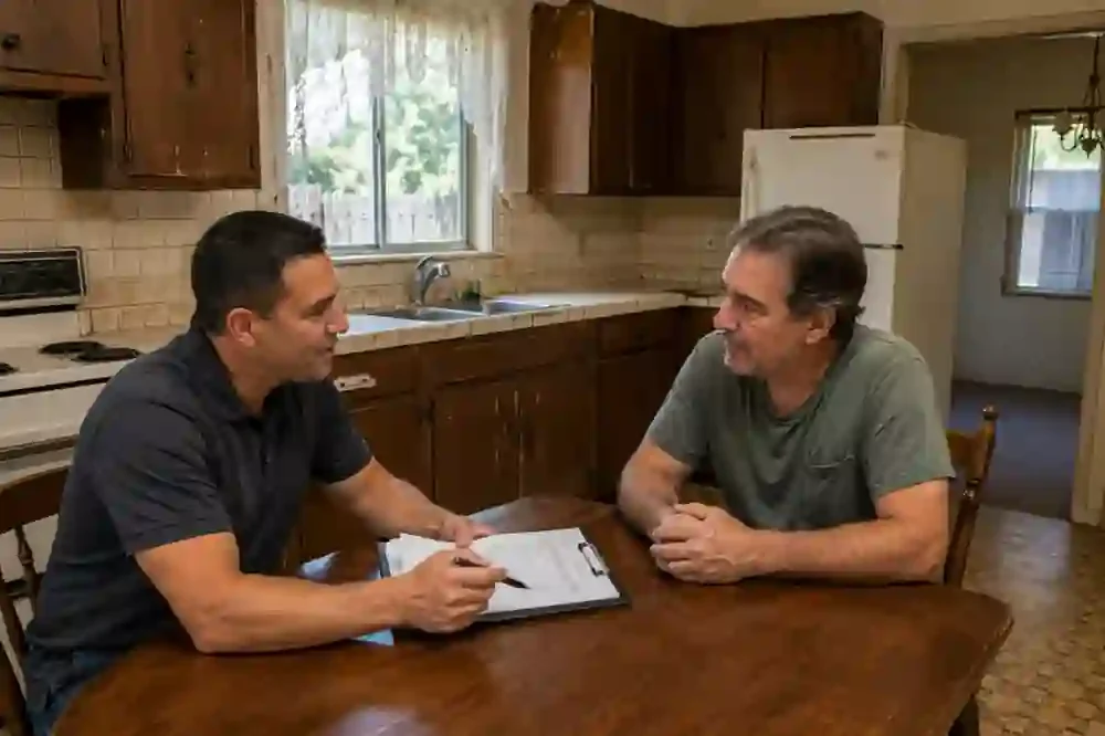 Seller and local cash home buyer discussing a fair cash offer at a dated kitchen table in Napa CA for homeowners looking to we buy houses for cash without repairs or agent fees