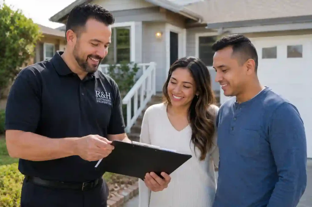 we buy houses Hayward CA image showing a local cash home buyer reviewing a fair cash offer with homeowners outside a residential property during a stress free home selling process by R&H Distressed Properties