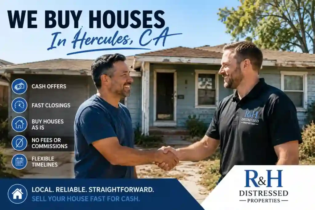 We buy houses in Hercules CA cash home buyer shaking hands with local homeowner outside a fixer upper house selling as is for cash.