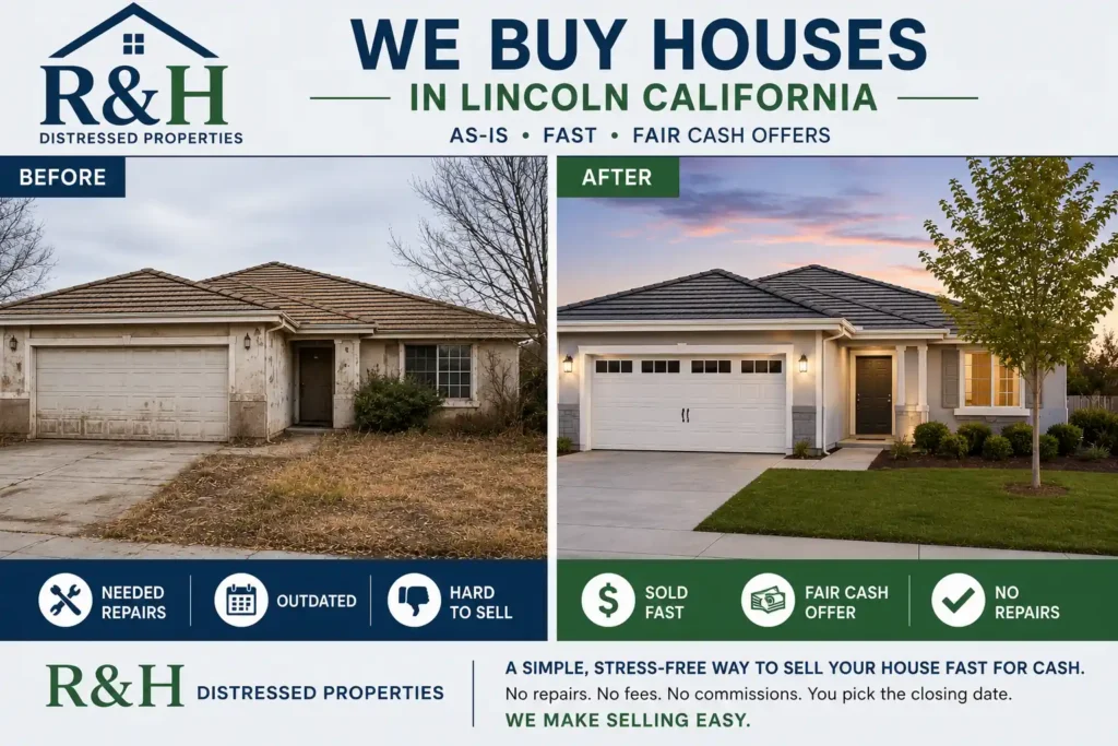 We buy houses lincoln ca/ Before and after house transformation by R&H Distressed Properties showing outdated Lincoln California home renovated after fast cash sale