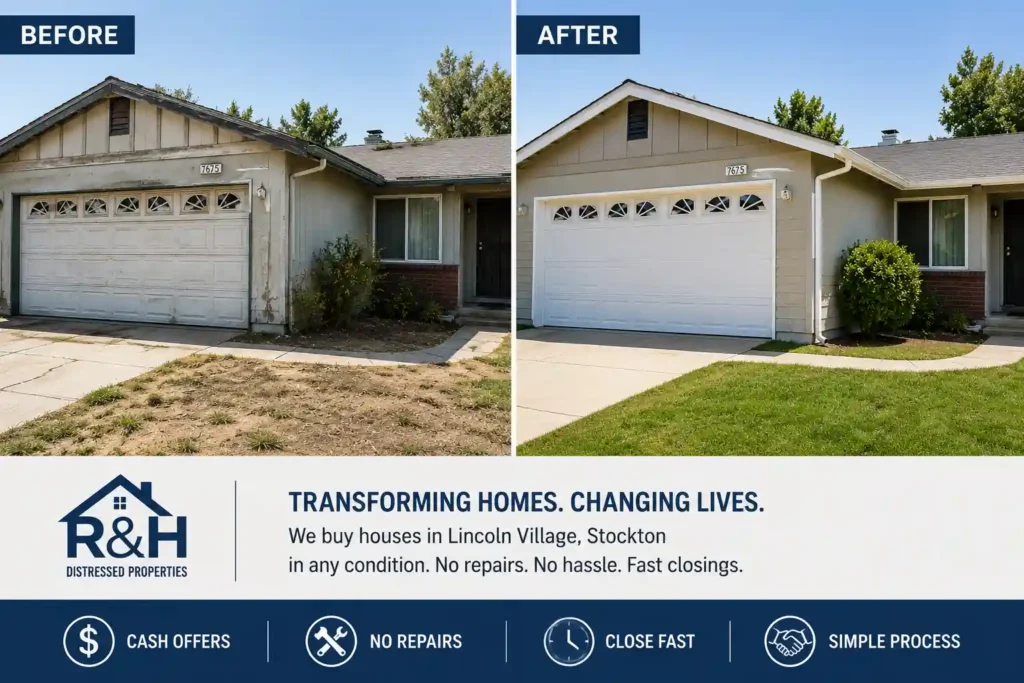 Lincoln Village, Stockton before and after home transformation by R&H Distressed Properties showing how we buy houses as is and help homeowners sell fast for cash without repairs or realtor commissions