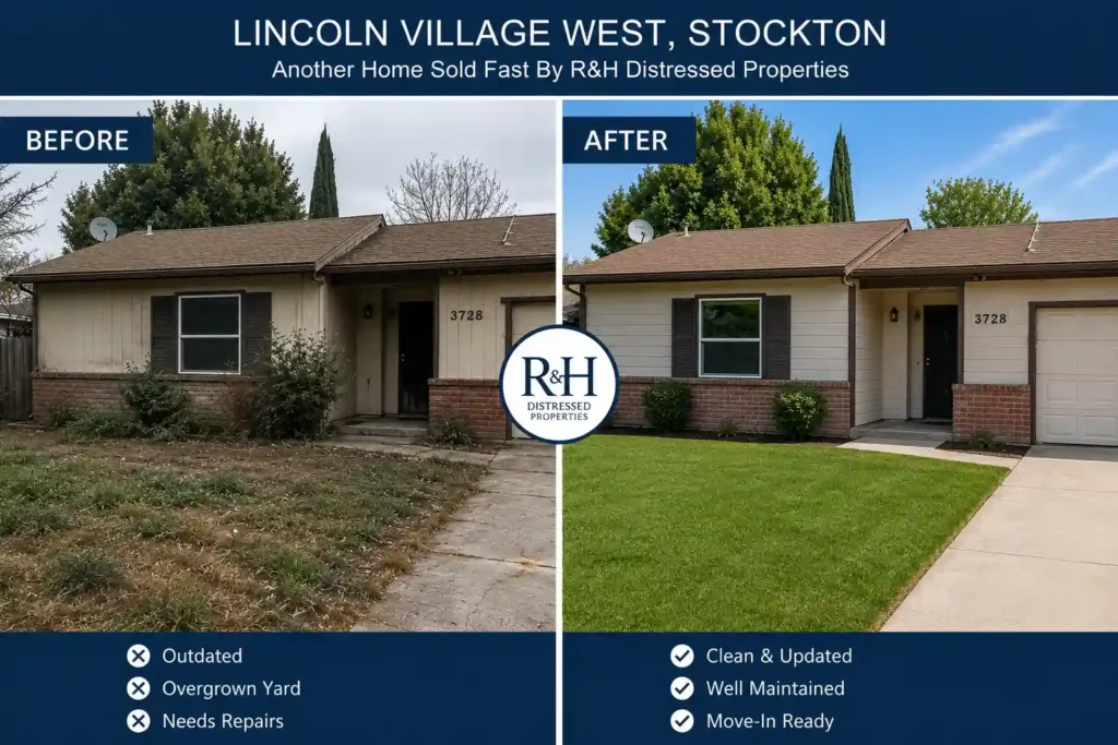 Before and after house renovation in Lincoln Village West Stockton CA by R&H Distressed Properties showing how we buy houses as is and help homeowners sell houses fast for cash without repairs, realtor commissions, or long delays