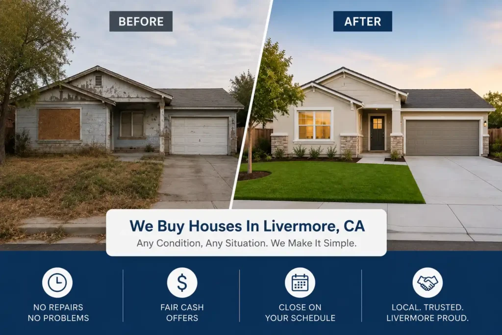 Professional before and after image showing a Livermore CA house transformation by local cash home buyers who buy houses in any condition for cash