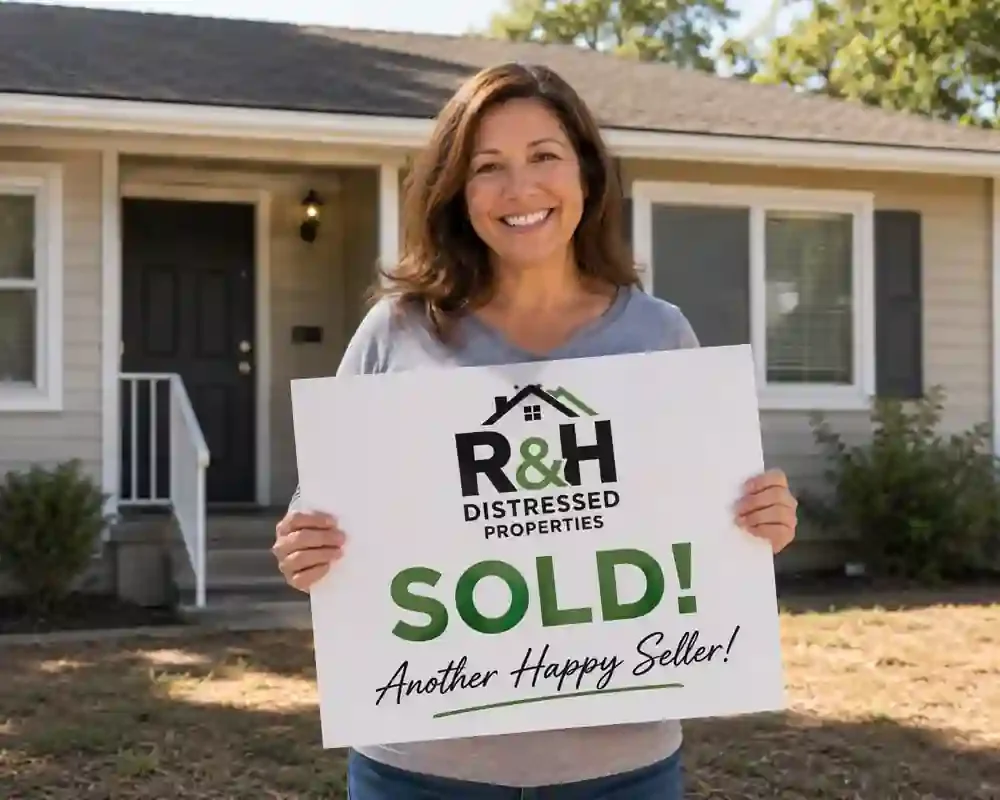 We buy houses Marysville CA. Happy home seller holding a sold sign after selling a house fast to R&H Distressed Properties.