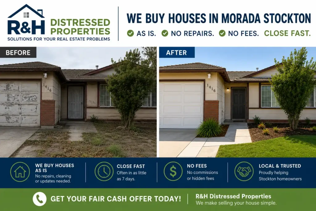 Professional before and after image showing a dated Morada Stockton house transformed after selling to R&H Distressed Properties with a fast cash home buying process.