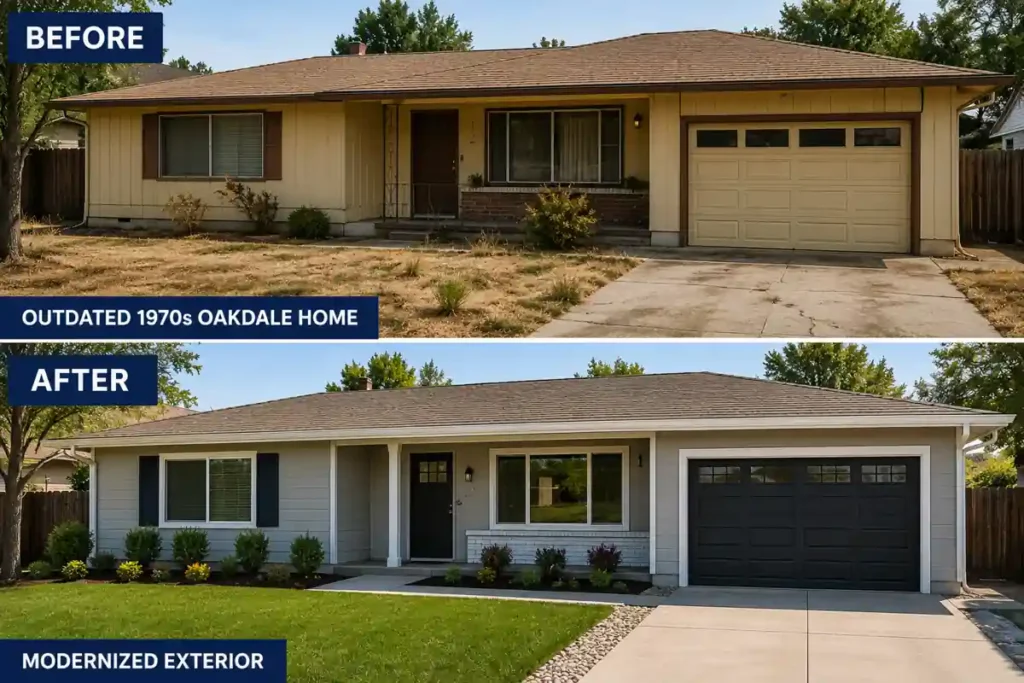 Before and after Oakdale CA house transformation showing outdated 1970s home remodeled into clean modern exterior by local cash home buyers
