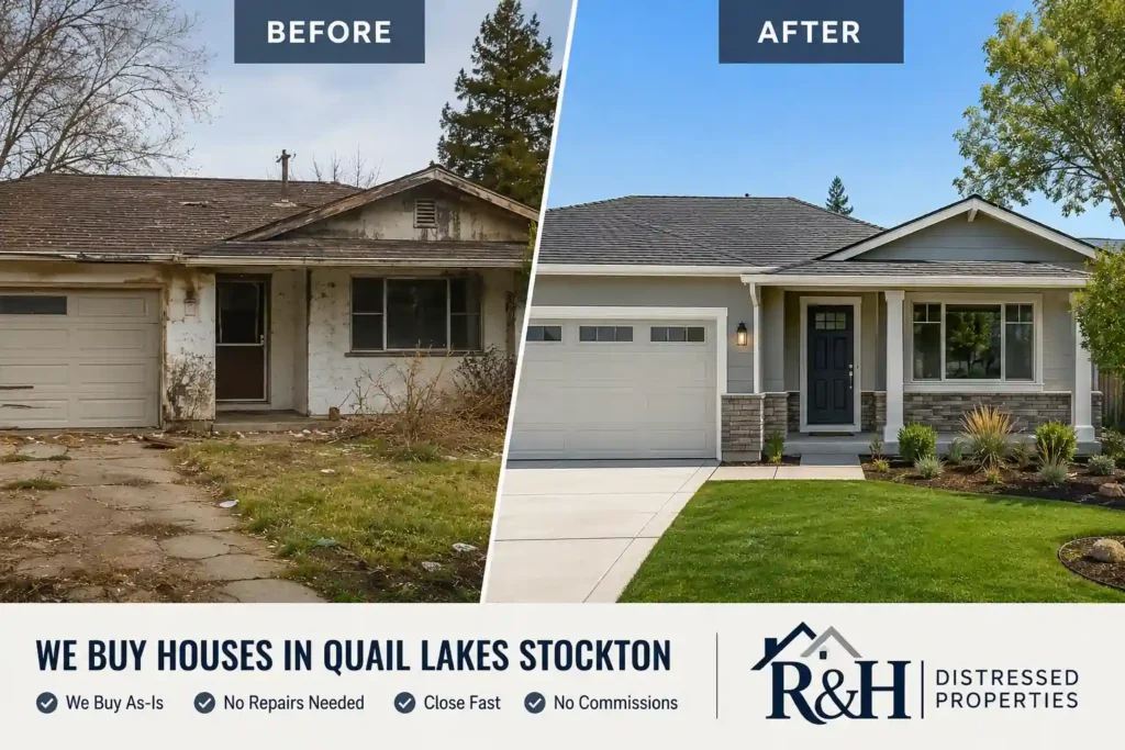 Professional before and after house renovation image in Quail Lakes Stockton California showing a distressed property transformed into a remodeled home for a sell my house fast cash buyer.