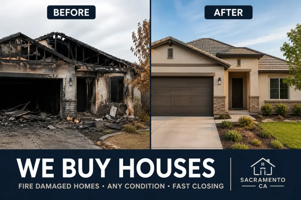 Before and after fire damaged house sold fast Sacramento cash buyer