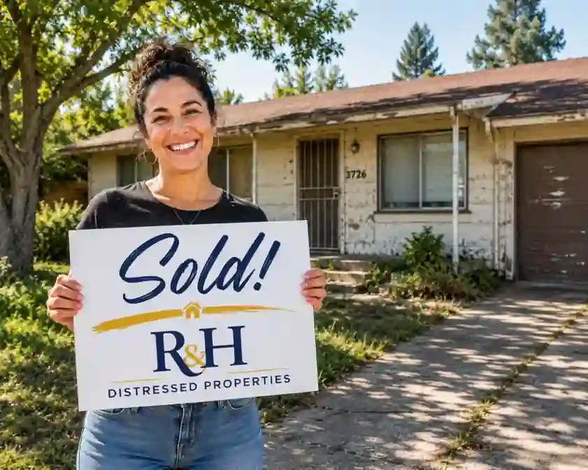 We buy houses Sacramento homeowner holding sold sign outside a 1970s fixer upper house with R&H Distressed Properties cash home buyers in Sacramento CA
