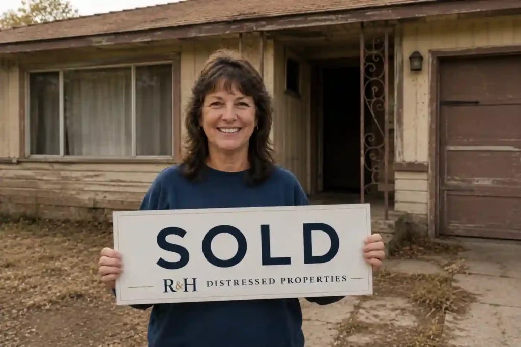 We buy houses Sacramento homeowners trust for fast cash sales, featuring a happy seller holding a sold sign in front of a dated 1970s style Sacramento house after selling to R&H Distressed Properties.