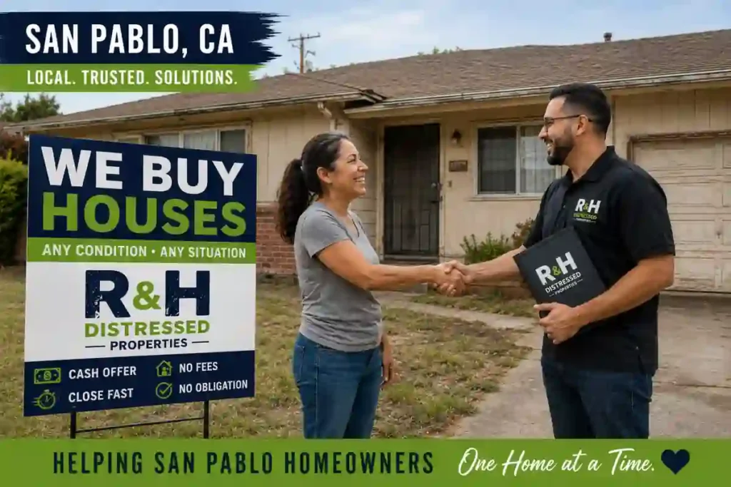 We buy houses in San Pablo CA with a happy homeowner shaking hands with R&H Distressed Properties outside of a 1970s fixer upper house after receiving a cash offer for their home