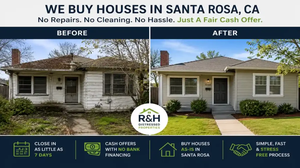 Before and after image of a Santa Rosa California house renovation by local cash home buyers showing an original condition home transformed into a clean updated property after a fast as-is sale