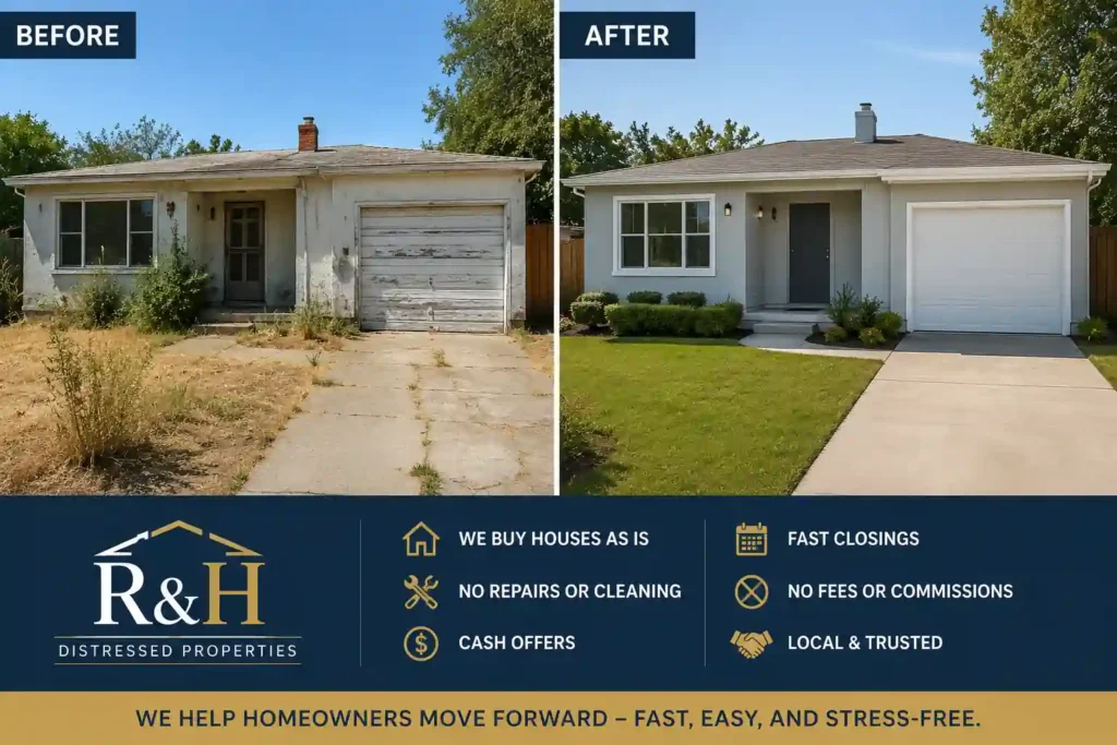 Before and after home renovation comparison in Sherwood Manor Stockton CA showing how R&H Distressed Properties buys houses as is for cash in any condition