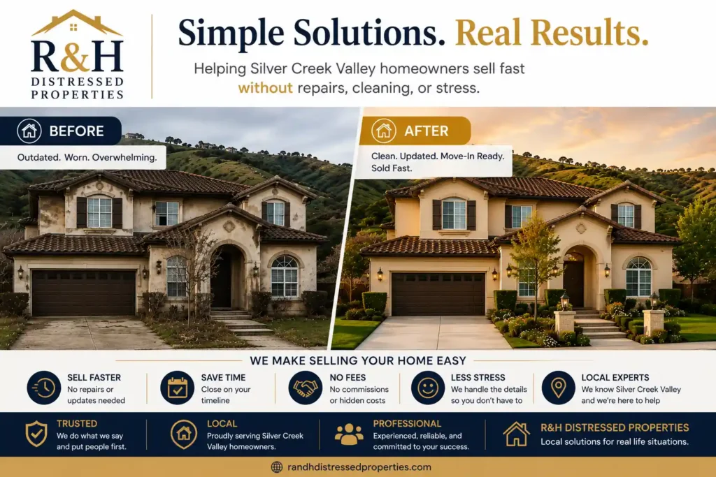 Before and after home transformation in Silver Creek Valley San Jose California showing how R&H Distressed Properties helps homeowners sell houses fast without repairs or commissions