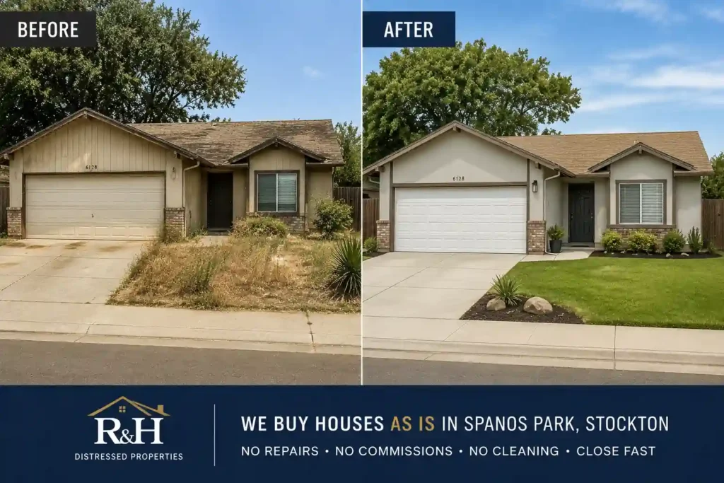 Spanos Park Stockton CA before and after house renovation by R&H Distressed Properties showing a dated home transformed after a fast cash home sale with no repairs, no realtor commissions, and no open houses