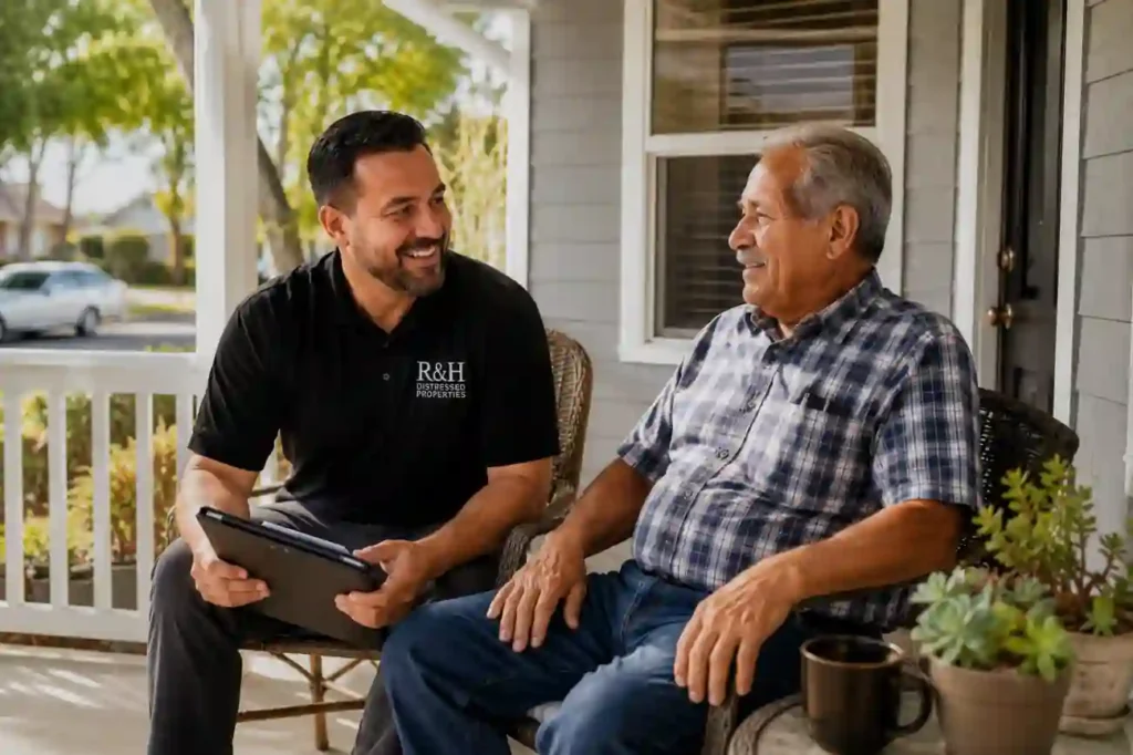 we buy houses for cash Stockton CA porch conversation image showing a local cash home buyer talking with an older homeowner on a front porch during a relaxed and stress free home selling consultation by R&H Distressed Properties