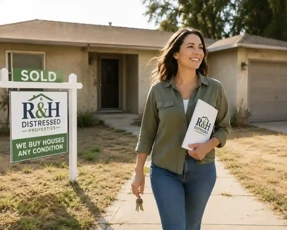 We buy houses Turlock CA homeowner walking away smiling after selling a fixer upper house for cash to R&H Distressed Properties