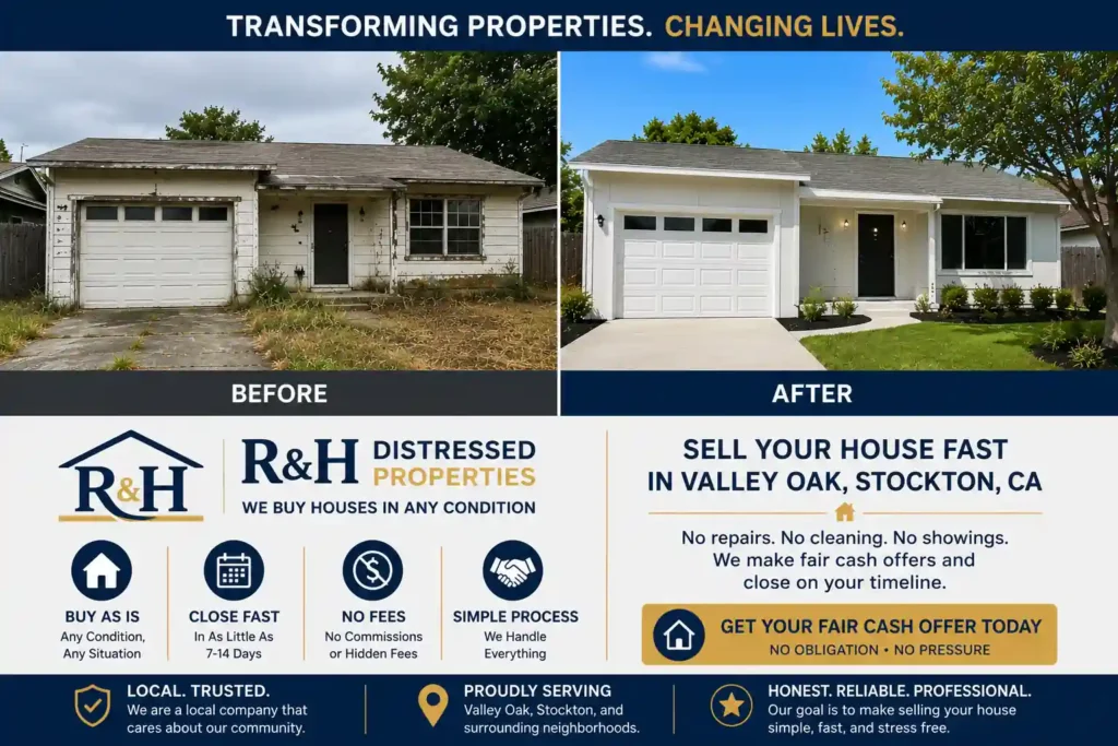 Distressed house before and after renovation in Valley Oak Stockton California for homeowners looking to sell fast without repairs