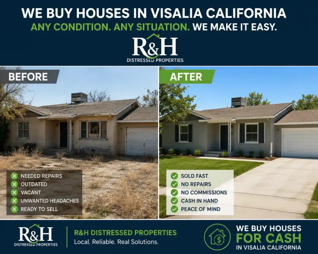 Before and after home transformation in Visalia California by R&H Distressed Properties showing a distressed house renovated after a fast cash sale