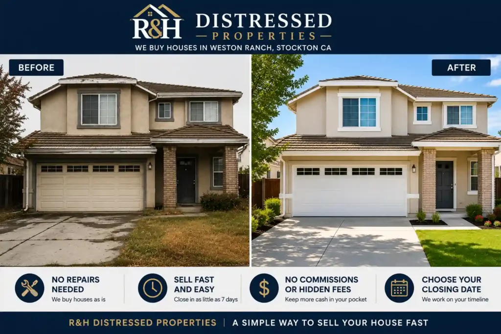 Before and after house transformation in Weston Ranch Stockton California by R&H Distressed Properties showing how we buy houses as is and help homeowners sell houses fast for cash without repairs, realtor commissions, or long delays