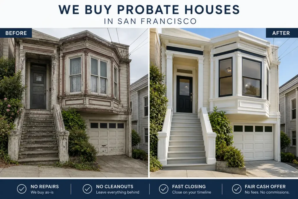 Before and after probate house sale in San Francisco CA showing original condition home and renovated result. We buy probate houses San Francisco ca