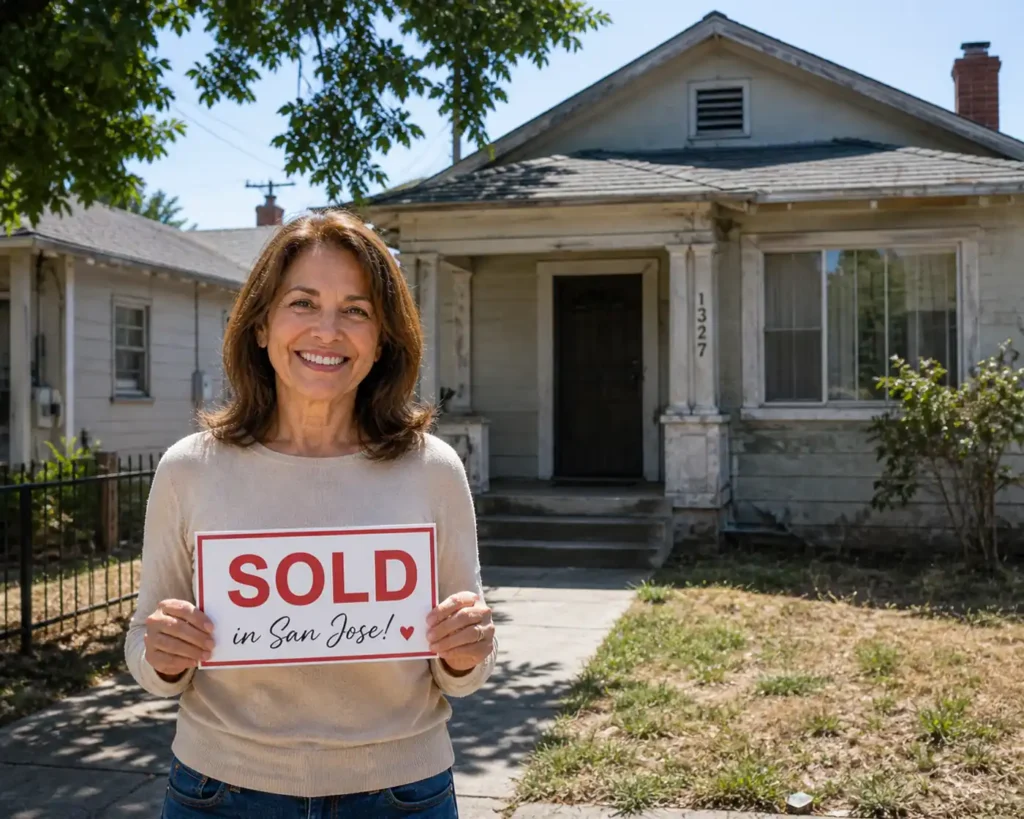 We buy houses in probate San Jose CA happy homeowner holding sold sign outside older home
