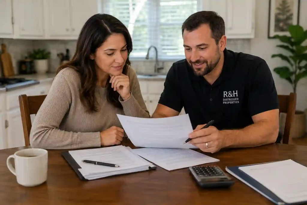 Homeowner reviewing a cash offer with a local Sacramento cash home buyer at a kitchen table