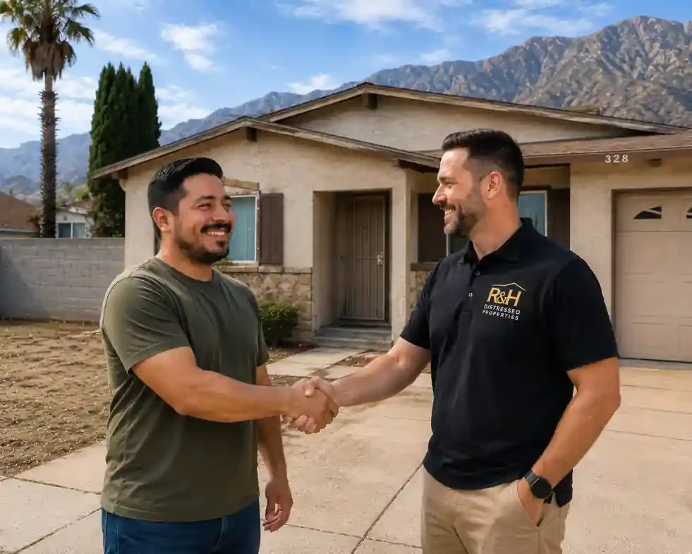 Cash for houses in San Bernardino CA homeowner shaking hands with R&H Distressed Properties outside a dated California house after a successful cash home sale.