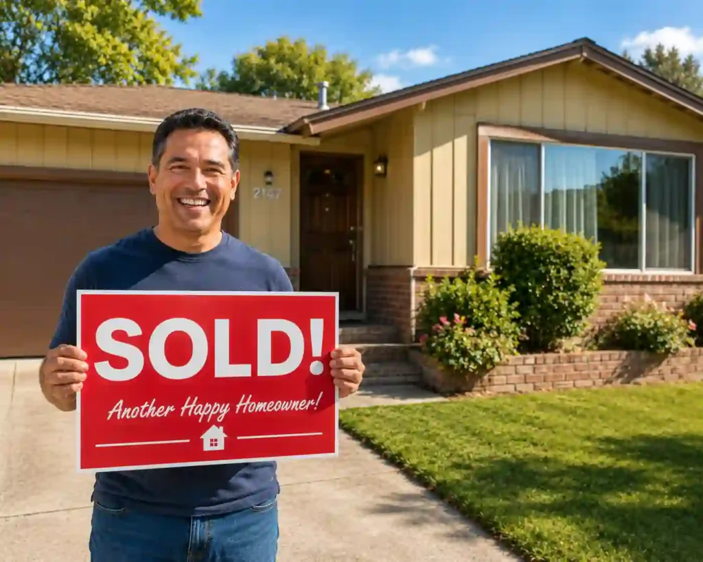 Cash home buyers in Castro Valley CA helping a happy homeowner sell a dated house fast for cash while holding a red sold sign outside the property.