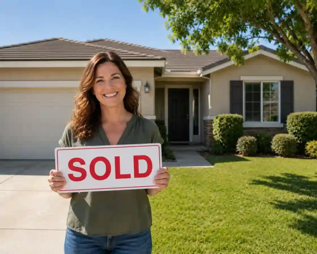 Happy Clovis homeowner holding a sold sign after selling their house to local cash home buyers in Clovis CA.