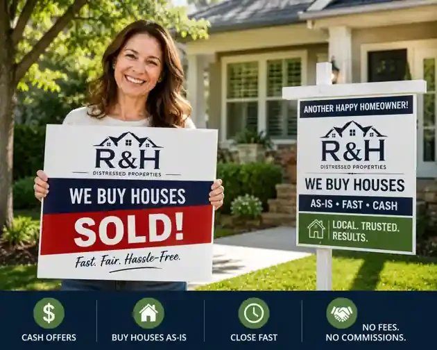 Cash home buyers in Danville CA helping a happy homeowner sell a house fast for cash, holding a sold sign after an easy as-is home sale with R&H Distressed Properties