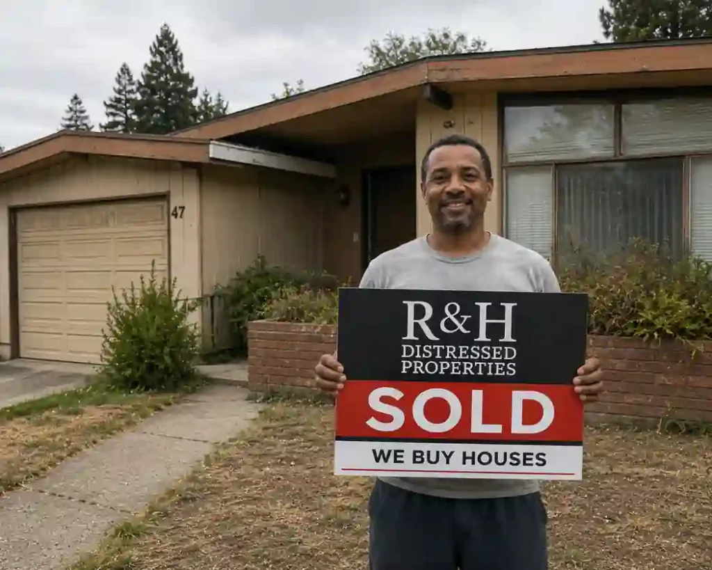 Happy homeowner holding a sold sign outside a dated 1970s Kensington CA house after selling to local cash home buyers R&H Distressed Properties.