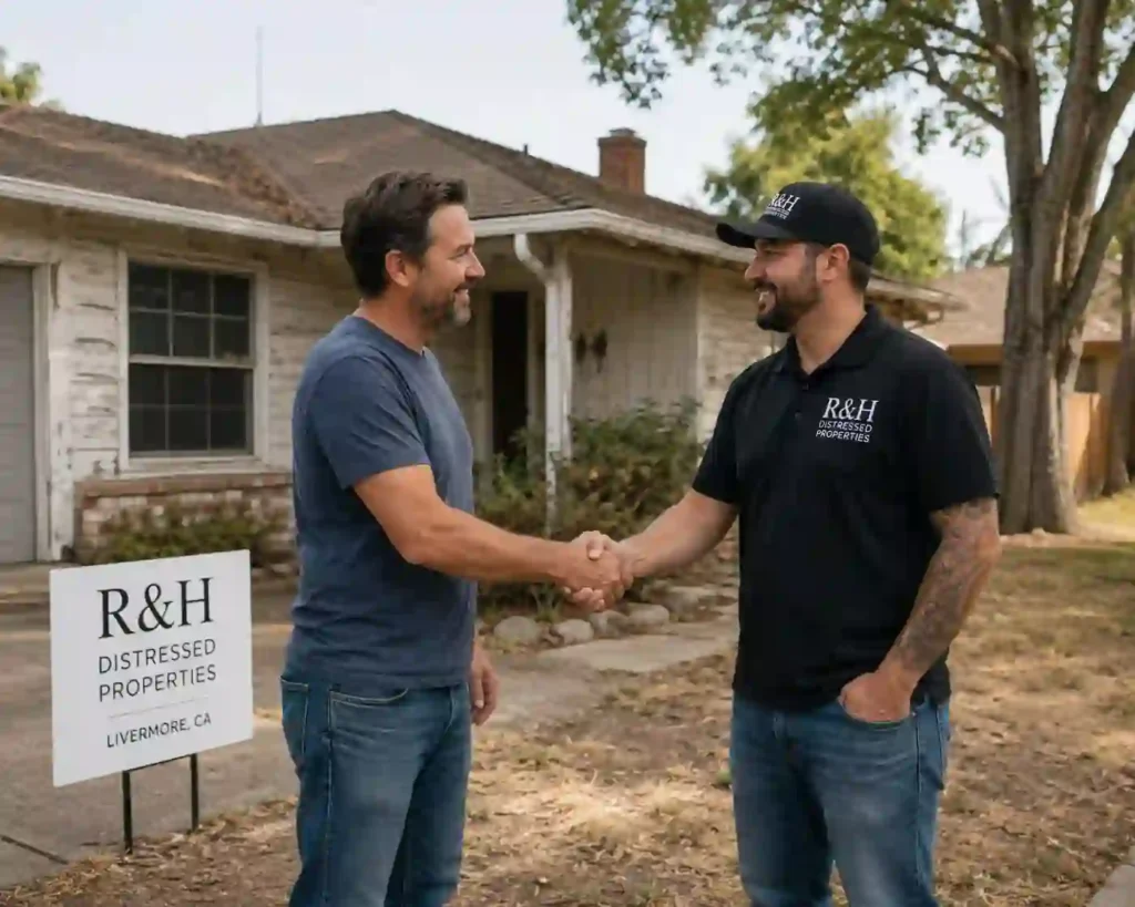 Cash home buyers from R&H Distressed Properties shaking hands with a Livermore homeowner outside a fixer upper house after a fair cash offer in Livermore, CA.