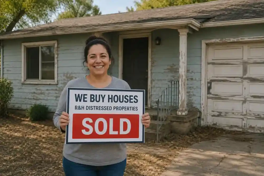 Cash home buyers in Martinez CA. Happy homeowner holding a sold sign outside a dated fixer upper house after accepting a cash offer from R&H Distressed Properties.